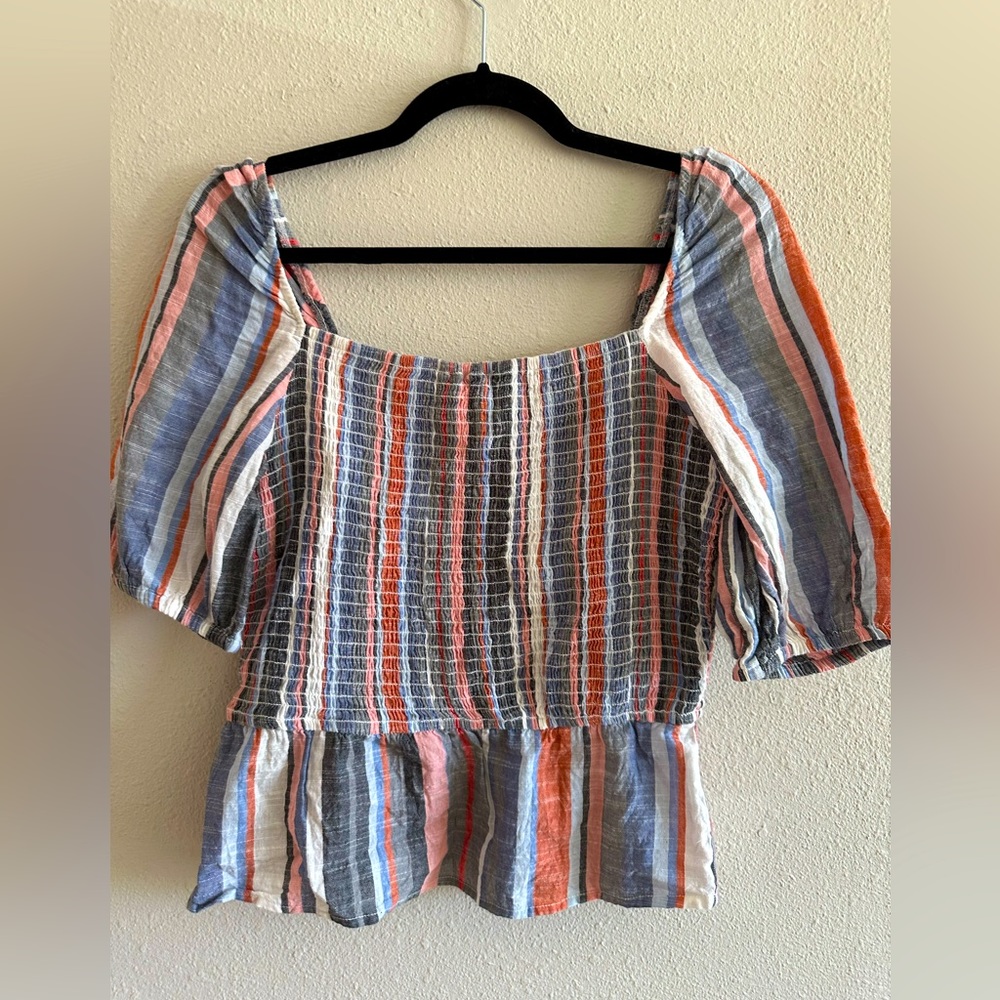A4 - 221 Blue rain smocked short sleeve striped top size small